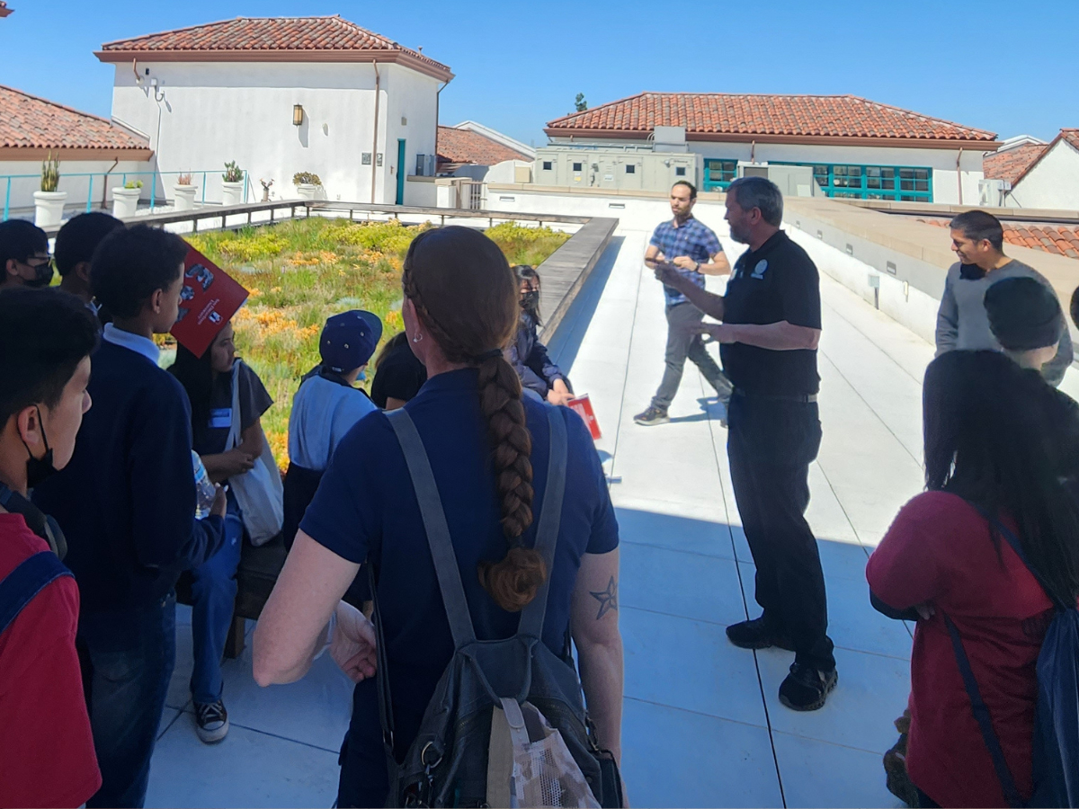 Students learn about water resources during a tour of a green roof on the SDSU campus.